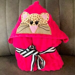 Handmade embroidered leopard kitty bath towel.